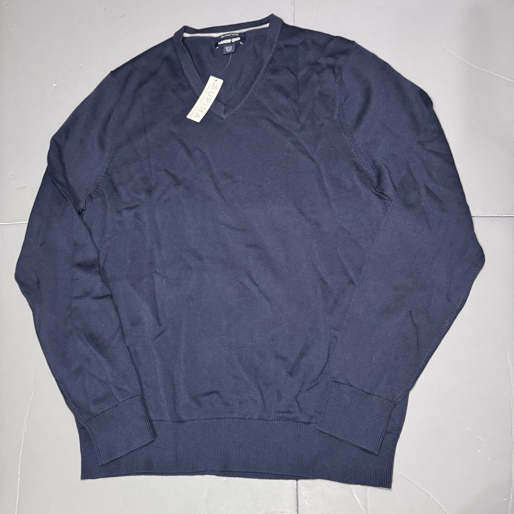 Lands End Sweater Mens L Large Supima Cotton V Neck Navy Blue Solid New